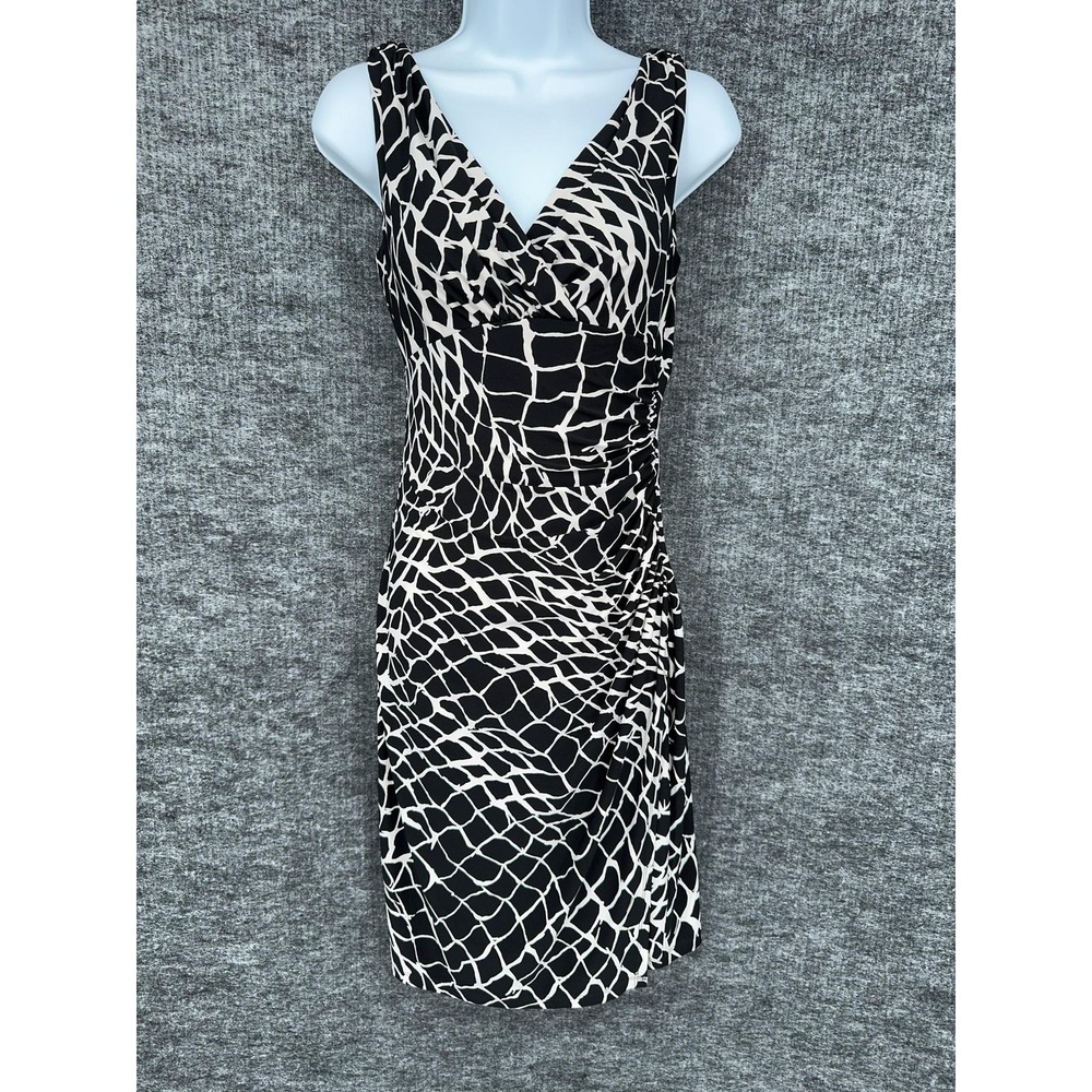 Lauren Ralph Lauren Dress Womens 6 Black Animal Print V Neck Ruched Sheath